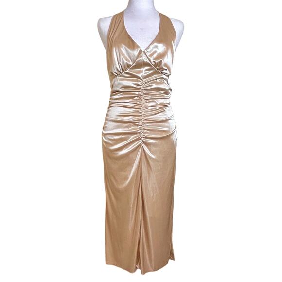 Super Sexy Gold Dress Ruched Backless Asymmetrical Fish Tail Large NWOT - Picture 1 of 9